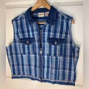 Crossroads Women's Denim Vest, Plaid, Size Large, 90s Vintage Jean Vest Y2K